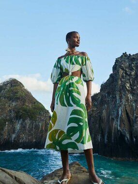 FARM Rio Monstera Knot Midi Dress Tropical Banana Leaf Linen Resort Wear XS